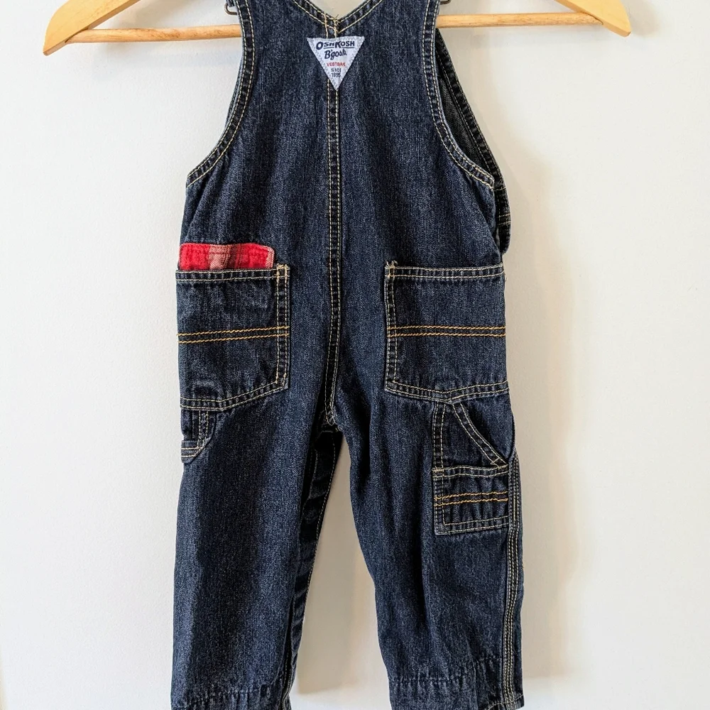OshKosh B'Gosh Vestback Overalls Size 18M Denim Moose Embroidered Plaid Holiday